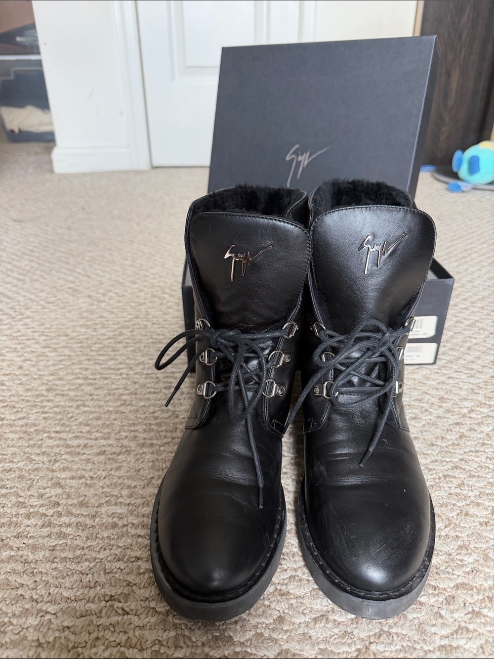 Giuseppe Zanotti Black Leather Shearling Combat Lace-Up Boots Size 39.5